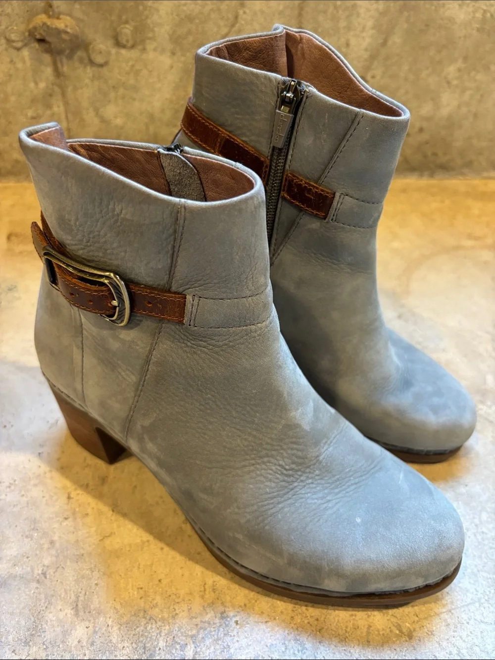 Dansko Gray Leather Ankle Boots with Brown Strap